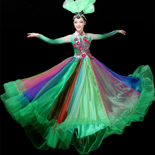 Women's rainbow colored fuchsia green blue flamenco dance dresses paso double spanish bull dance long dress opening ballroom dance dress for female